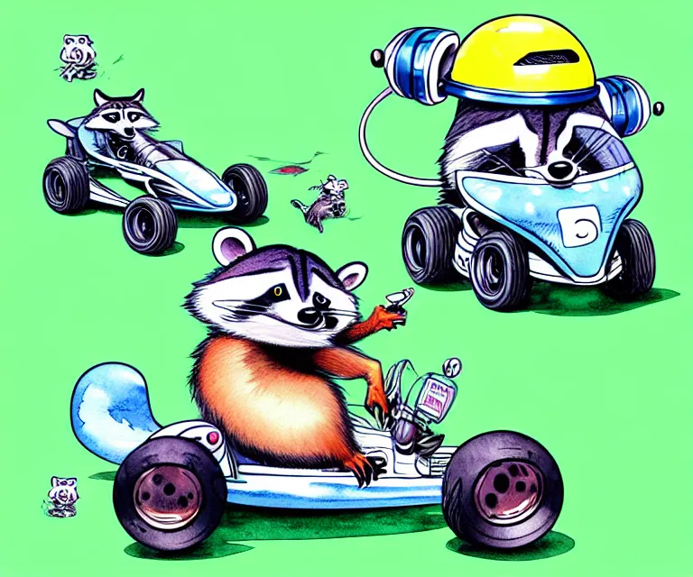 Prompt: cute and funny, racoon wearing a helmet riding in a tiny merlyn formula ford, ratfink style by ed roth, centered award winning watercolor pen illustration, isometric illustration by chihiro iwasaki, edited by range murata