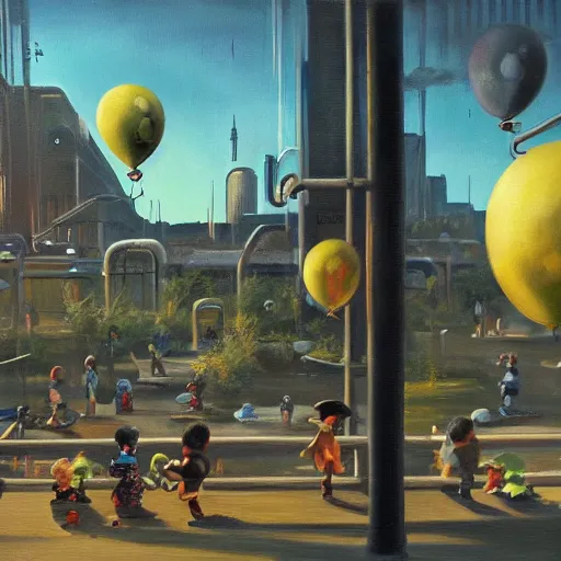 Image similar to masterful oil on canvas painting, eye - level view, medium - shot, baby yoda is at the busy school playground in a cyberpunk city. baby yoda smiles and plays on a swing set. golden hour. realism, detailed, depth, chiaroscuro, limited color palette. in the background some balloons float in the sky. mandalorian ( tv ).