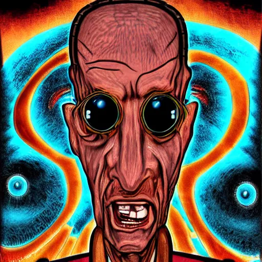 Prompt: depraved and spiritually broken skinny man with spiral trippy eyes dazed and broken down by years of mind control propoganda, tv screens behind him, weird abstract art in the style. of ben garrison and wil hughes, trending on artstation, ultra 8 k