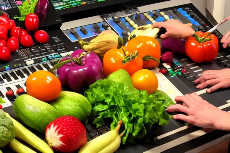 Image similar to film still of fresh fruits and vegetables with arms and legs making beats in the studio on an mpc