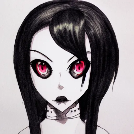 Prompt: headshot art of a goth anime woman, evil, bust portrait, black and white watercolor