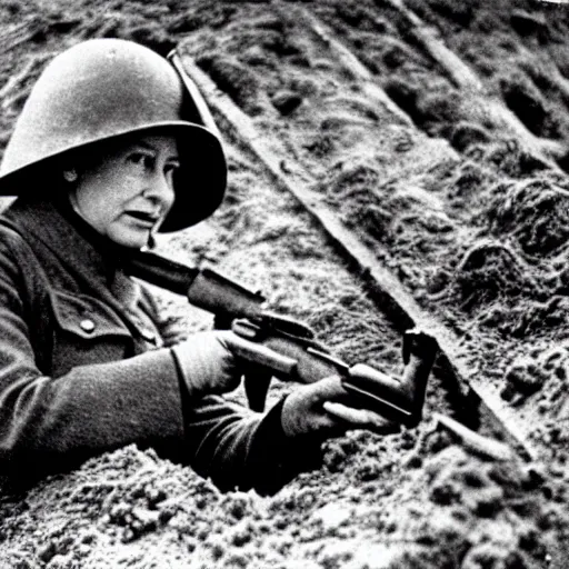 Prompt: photo of queen elizabeth ii fighting in the trenches in ww 1