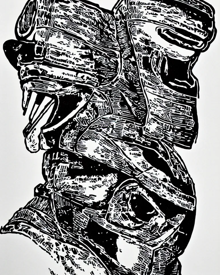 Image similar to a detailed lifelike linocut engraving of mf doom