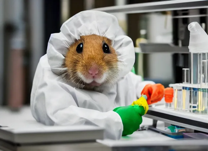 Image similar to film still of a hamster working in a research lab filling test tubes, 8 k