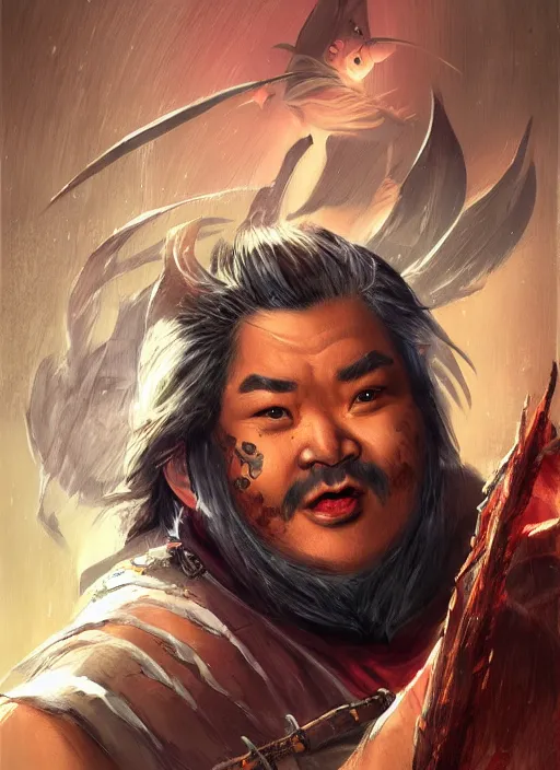 Image similar to slightly chubby asian man with medium black parted hair, dndbeyond, bright, colourful, realistic, dnd character portrait, full body, pathfinder, pinterest, art by ralph horsley, dnd, rpg, lotr game design fanart by concept art, behance hd, artstation, deviantart, hdr render in unreal engine 5