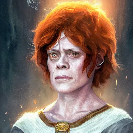 Image similar to sigourney weaver as a d & d dwarven cleric, fantasy art, digital art, character portrait, by wlop