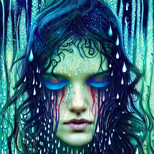 Image similar to girl in psychedelic LSD rain with wet hair and face, fantasy, intricate, elegant, dramatic lighting, emotionally evoking symbolic metaphor, highly detailed, lifelike, photorealistic, digital painting, artstation, concept art, smooth, sharp focus, illustration, art by John Collier and Albert Aublet and Krenz Cushart and Artem Demura and Alphonse Mucha