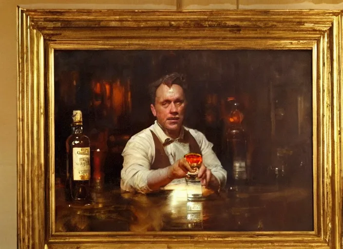 Prompt: impasto oil painting of whiskey bottle, art by anders zorn, wonderful masterpiece by greg rutkowski, beautiful cinematic light, american romanticism by greg manchess, creation by tyler edlin