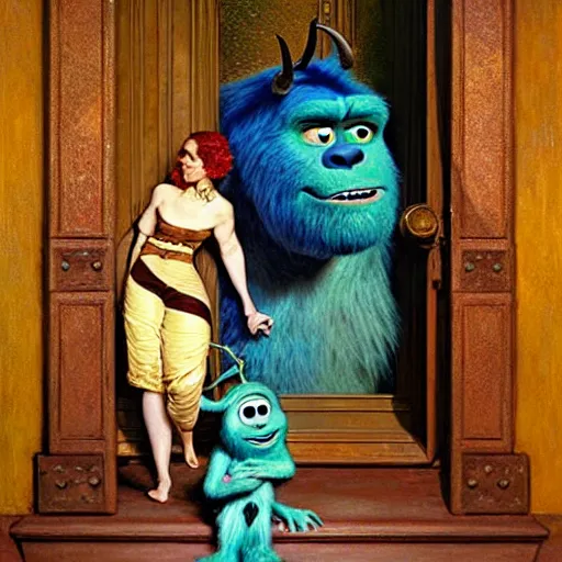 Image similar to portrait of sulley from monsters inc in front of house door. painting by gaston bussiere craig mullins jc leyendecker gustav klimt artgerm greg rutkowski john berkey, bergey, craig mullins, ruan jia, raymond swanland, tom lovell