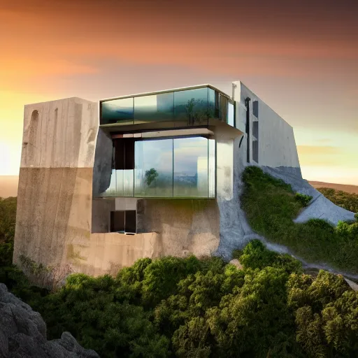 Prompt: extremely detailed non-Euclidean stunning sophisticated very thin beautiful house of 6 levels built into a cliff, stunning volumetric light, sunset, multi-colored concrete and glass and translucent material, stunning skied, 8k