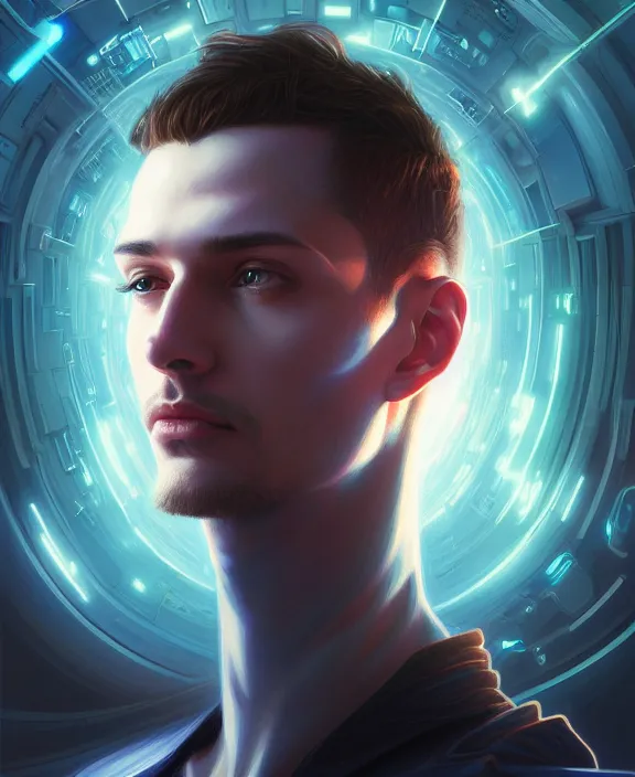 Image similar to a whirlwind inside the metaverse, guy, male, man, hologram, half body, neurochip, android, cyborg, cyberpunk face, by loish, d & d, fantasy, intricate, elegant, highly detailed, colorful, digital painting, artstation, concept art, art by artgerm and greg rutkowski and alphonse mucha