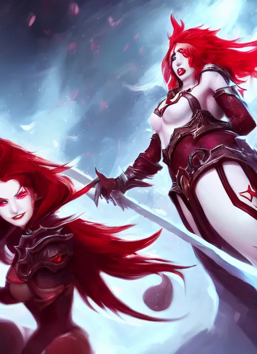 Image similar to a girl with red hair wearing red and white armor, arcane artwork, league of legends concept art, wallpaper