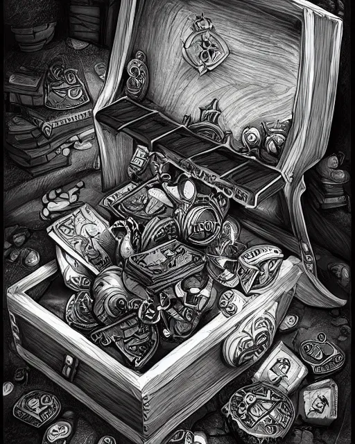 Prompt: a treasure chest opening, black and white, fantasy art, object art, illustration, fantasy, intricate, hyper detailed, artstation, concept art, smooth, sharp focus, ray tracing