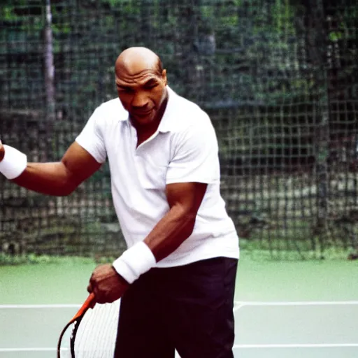 Image similar to mike tyson in vietnam playing tennis