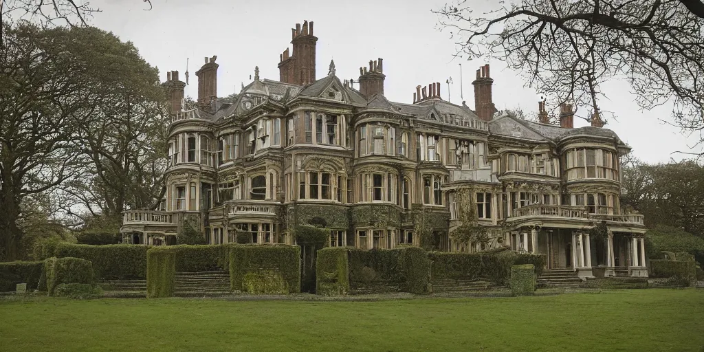 Prompt: a photograph of a late Victorian mansion designed by Joseph Paxton, view from ground level