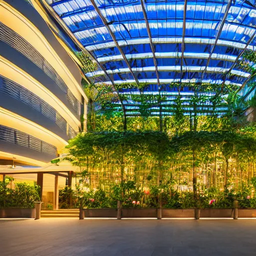 Image similar to The atrium of a refurbished contemporary building filled with tropical plants, project by Kengo Kuma, blue hour, 4k