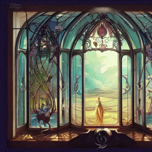 Image similar to beautiful large window with four panes, four yearseason is represented by peter mohrbacher, art nouveau, landscape, cinematic