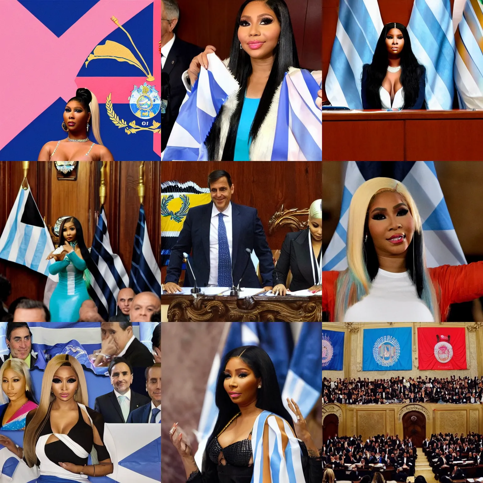 Image similar to Nicki Minaj presidente de Argentina, in the Argentine Congress, flags of Argentina behind, detailed picture