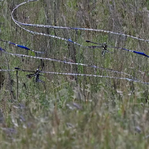 Prompt: a horde of dragonflies using cables to lift a tank