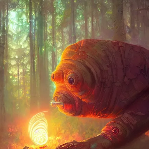 Image similar to ultra realistic illustration of magical tardigrade, forest, fantasy, colorful lights, intricate, elegant, highly detailed, digital painting, artstation, concept art, smooth, sharp focus, illustration, art by artgerm and greg rutkowski and alphonse mucha