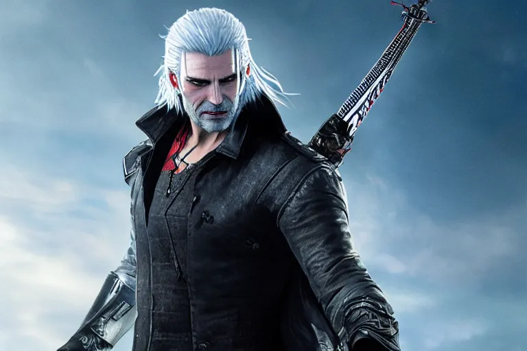 Image similar to vfx movie closeup suave handsome grinning vampire with long white hair, trench coat, dual wielding large revolvers, leaping into the air, low gravity in a shattered reality of new york city, cool aviators witcher devil may cry by emmanuel lubezki