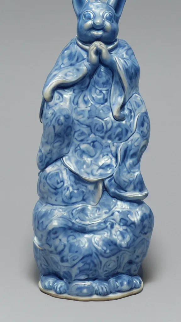 Image similar to porcelain rabbit budda statue with blue arabesque details painted by john singer sargent