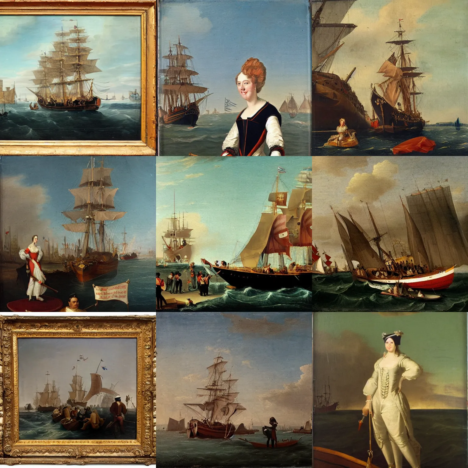 Prompt: navy admiral standing on boat in marina with other boats behind her, 1 8 th century oil painting