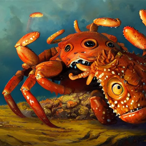 Prompt: tiger - crab creature, oil painting by justin gerard