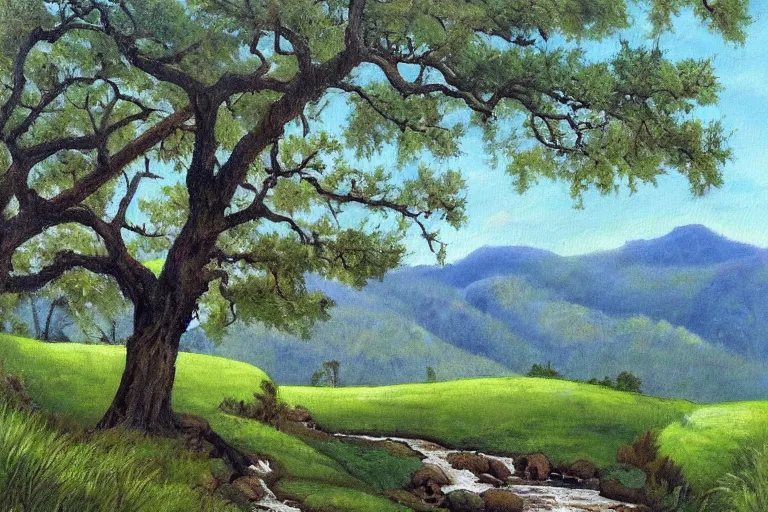 Prompt: masterpiece painting of oak trees on a hillside overlooking a creek, by alexey steele