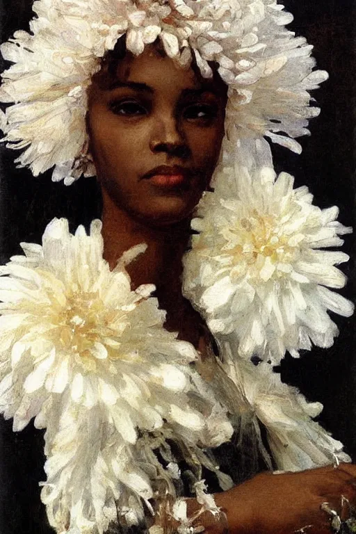 Image similar to close - up fashion black woman portrait airy flowers clouds art by vasnetsov