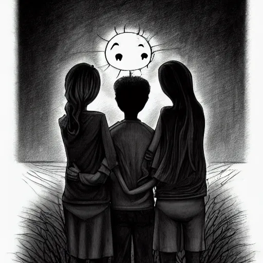 Image similar to teaching, friendship, love, sadness, dark ambiance, concept by godfrey blow, featured on deviantart, drawing, sots art, lyco art, artwork, photoillustration, poster art