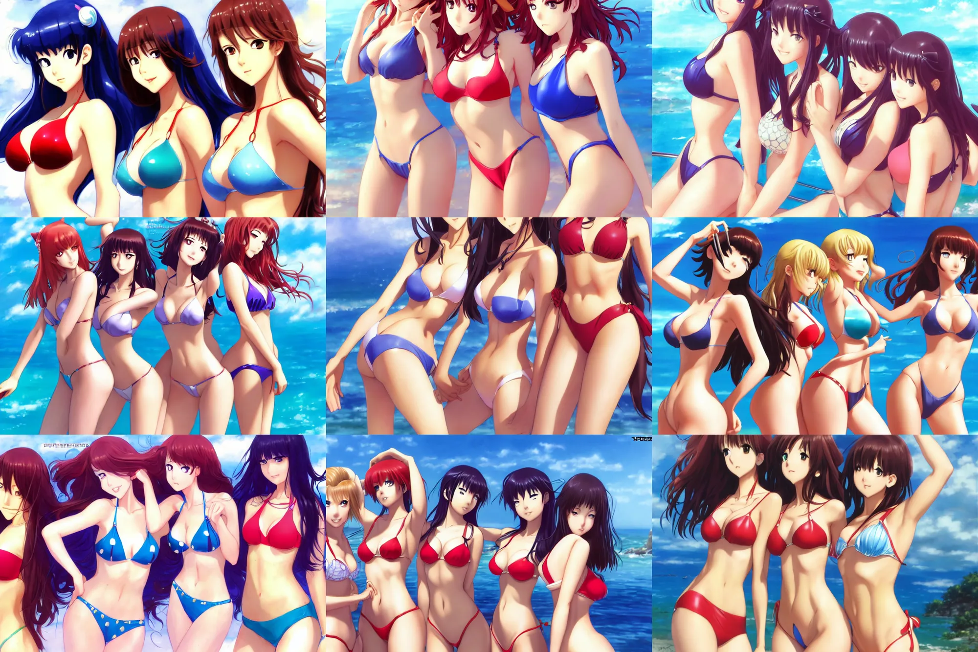 Image similar to close - up princesses posing together in bikini. by takashi takeuchi, yoshiyuki sadamoto, amagaitaro, makoto shinkai, krenz cushart, asao urata, pixiv