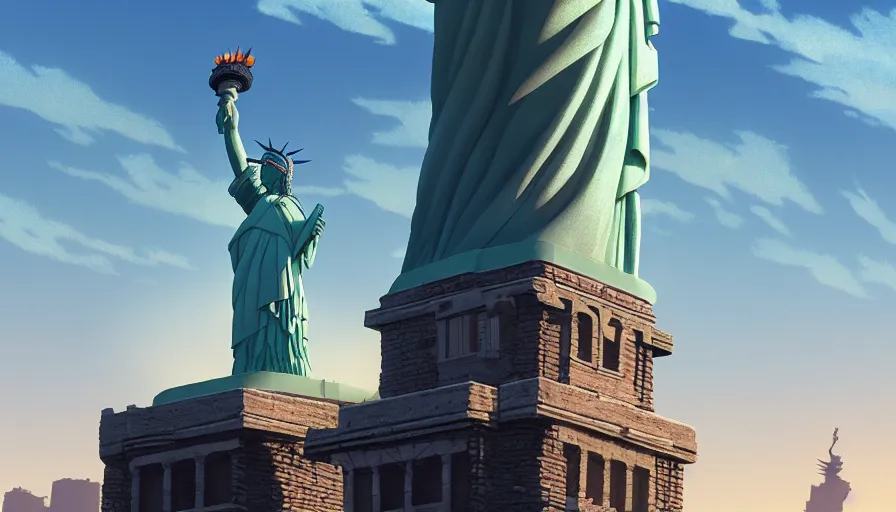 Image similar to A highly detailed matte painting of Statue of Liberty NY, by Studio Ghibli, Makoto Shinkai, by Artgerm, by beeple, by Greg Rutkowski, volumetric lighting, octane render, 4K resolution, trending on artstation, masterpiece