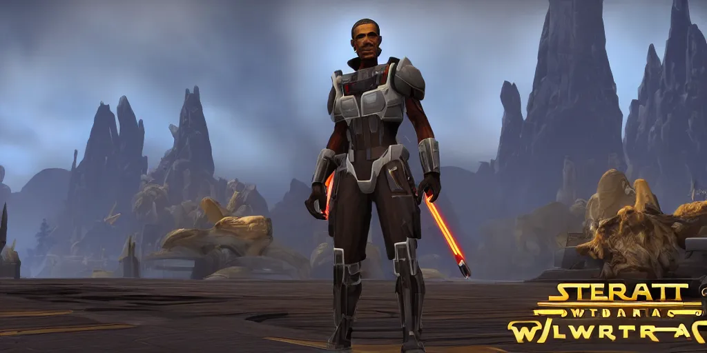 Image similar to screenshot of obama in swtor, facial features, clear eyes, heroengine, 4 k