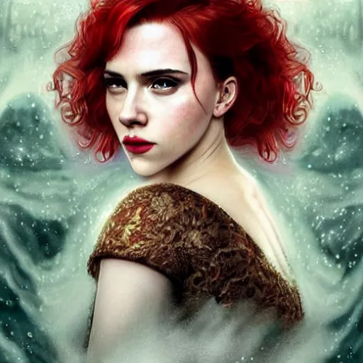 Prompt: a highly detailed portrait of scarlett johansson and emma watson and christina hendricks as polyamorous red haired vampire queens kissing in the rain and wearing a blood red dress, epic fantasy, viewed in profile from far away, ultrawide lens, art by artgerm and greg rutkowski and alphonse mucha, volumetric lighting, 4 k resolution, trending on artstation, masterpiece