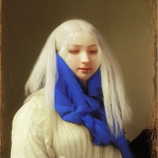 Image similar to a young woman’s face, her hair is white and she wears a cobalt blue cloak, by ivan aivazovsky and pieter claesz and paul delaroche and alma tadema and august malmstrom and and willen claesz heda and aelbert cuyp and gerard ter borch, contrapposto, hyperrealistic, volumetric light, rendered in octane, c4d