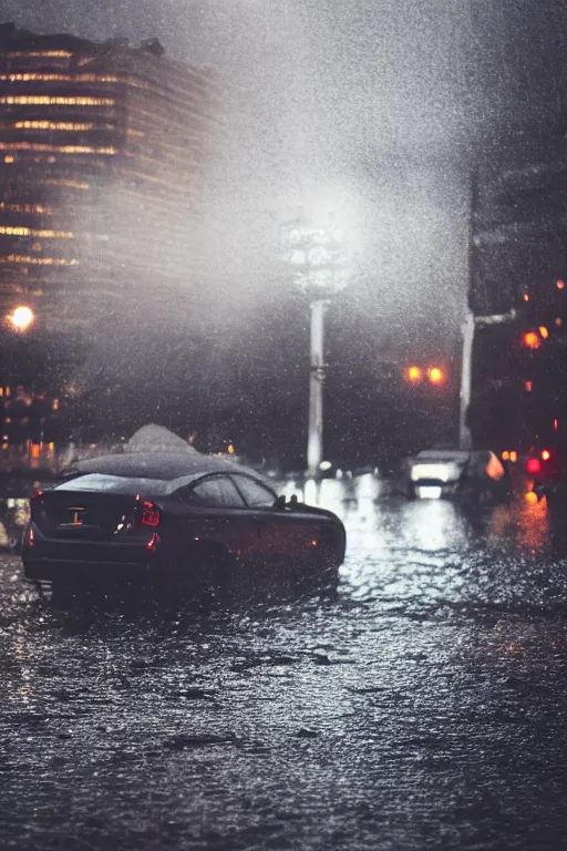 Image similar to Photo of a man sitting on the car roof in the heavy rain at the city that sank, hyper realistic, outdoor lighting, dynamic lighting, volumetric, wide angle, anamorphic lens, go pro, 4k