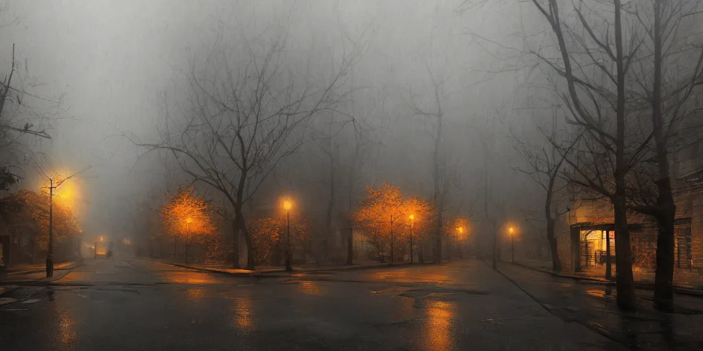 Prompt: silent hill in real life, streets, sombre, parked cars, overcast, blankets of fog pockets, rain, volumetric lighting, beautiful, autumn, sharp focus, 7 0 s visuals, ultra detailed, cgsociety