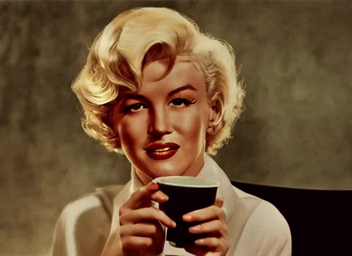 Image similar to A close-up, color cinema film still of a marlin monroe drinking coffee at a starbucks, ambient lighting at night.