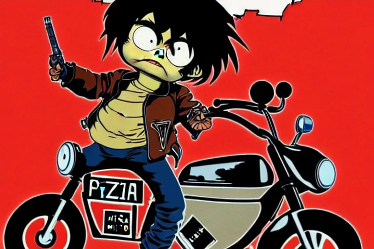 Image similar to pizza the hut, akira's motorcycle, gorillaz, poster, high quality