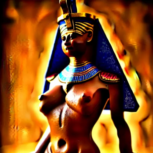 Prompt: demonic egyptian queen, oasis in the background, professional photography, natural light, anatomically correct body, many details, super realistic, high quality, 8 k