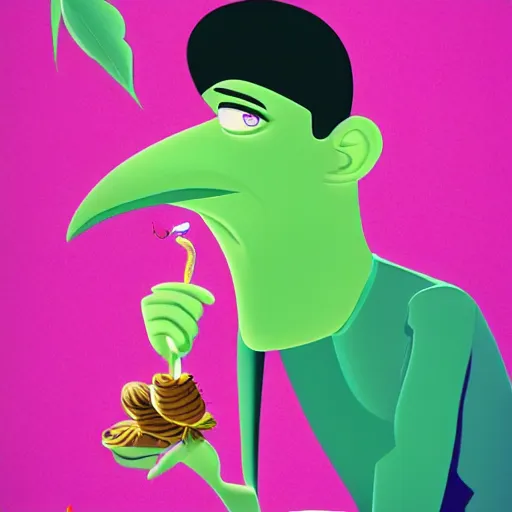 Prompt: cartoon portrait of a clever character tries long cannabis joint with sensibility. octane 4 k render by eyvind earle, female australian award winning illustration