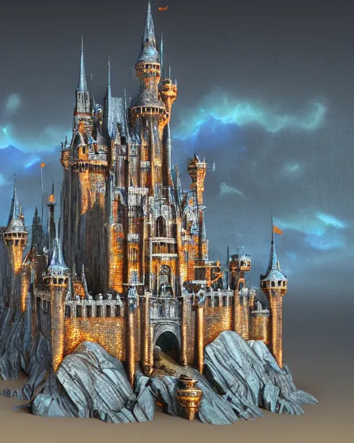 Prompt: beautiful concept art of a high fantasy castle by alan lee made of diamond filled with copper veins, blue translucent resin, bioluminescent, ultra realistic, ultra detailed, masterpiece by mc escher and hr giger, 8 k octane render, ambient diffusion, subsurface scattering, trending on artstation, cgstudio