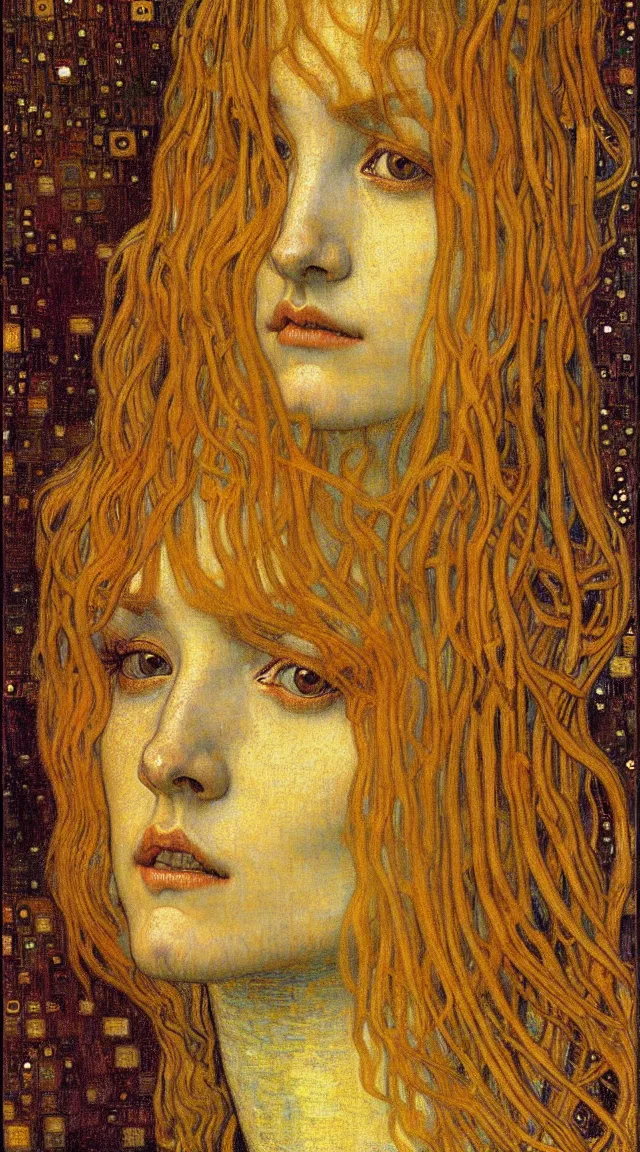 Image similar to detailed realistic beautiful young medieval queen face portrait by jean delville, gustav klimt and vincent van gogh, art nouveau, symbolist, visionary, gothic, pre - raphaelite, muted earthy colors, desaturated