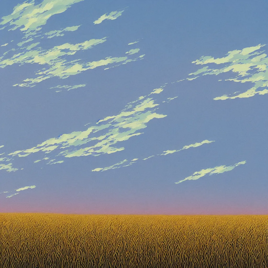 Image similar to sharp focus, breath taking beautiful, Aesthetically pleasing, gouache field of grain at sunset, digital concept art background by Hayao Miyazaki and Studio Ghibli, fine art, official media, high definition, illustration, ambient lighting, HDR, HD, UHD, 4K, 8K, cinematic, high quality scan, award winning, trending, featured, masterful, dynamic, energetic, lively, elegant, intricate, complex, highly detailed, Richly textured, Rich vivid Color, masterpiece.