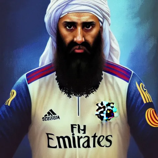 Image similar to Ter Stegen as Osama Bin Laden, Barcelona and Germany goalkeeper, D&D, fantasy, intricate, elegant, highly detailed, digital painting, artstation, concept art, matte, sharp focus, illustration, art by Artgerm and Greg Rutkowski and Alphonse Mucha