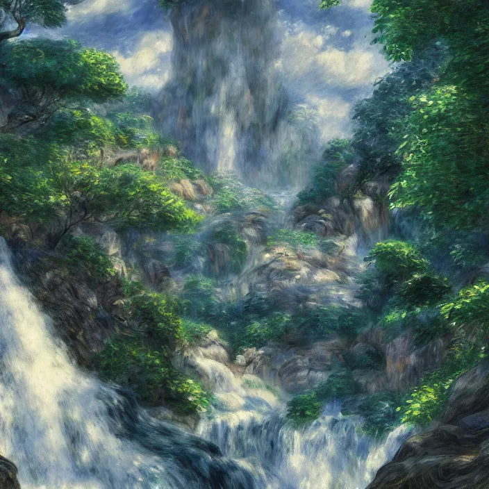 Prompt: an epic makoto shinkai and renoir landscape with a waterfall, ink spirals, ultra smooth, octane render