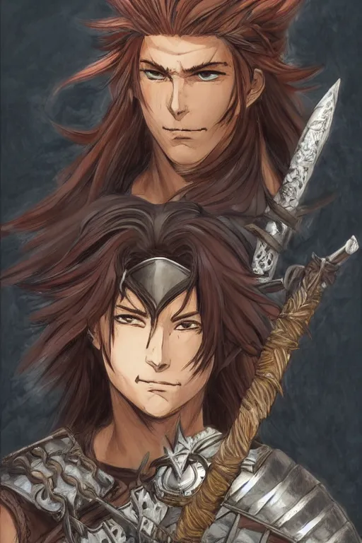 Prompt: A realistic anime portrait of a young handsome male barbarian with long wild hair, intricate fantasy spear, plated armor, vivid colors, colored, D&D, dungeons and dragons, tabletop role playing game, rpg, jrpg, digital painting, by Frank Frazetta and Yusuke Murata, concept art, highly detailed, promotional art, HD, digtial painting, trending on ArtStation, golden ratio, rule of thirds, SFW version