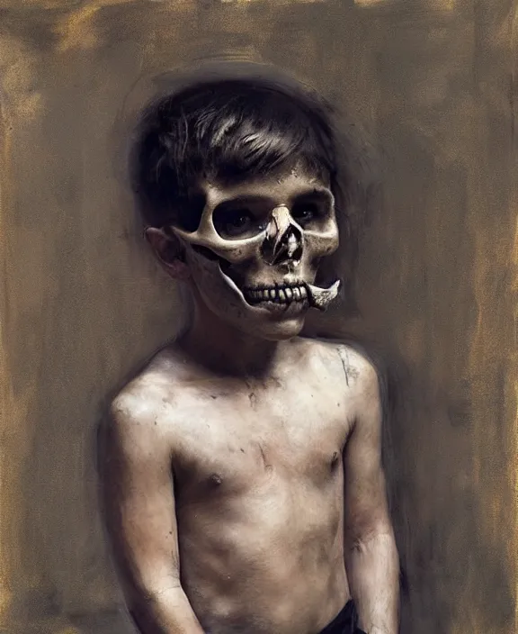 Image similar to a boy wearing a skull by jeremy mann