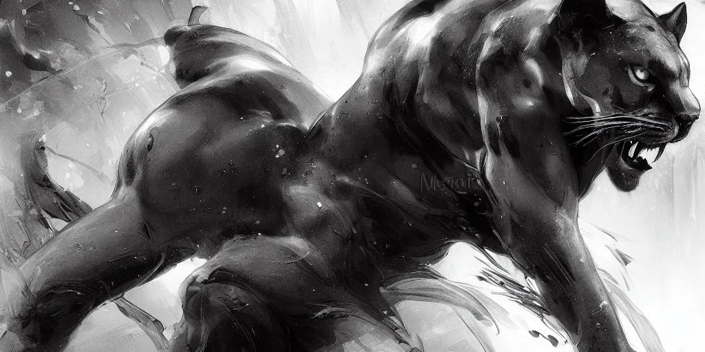 Image similar to highly detailed beautiful black and white photography of panther, splash, sharp focus, dynamic lighting, elegant harmony, beauty, masterpiece, by riccardo federici, by james jean, by craig mullins, by lois van baarle, by makoto shinkai, by greg tocchini, by greg rutkowski, illustration, ink draw, pen,